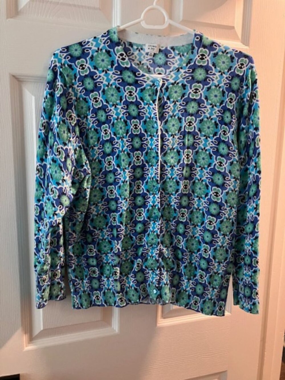Crown & Ivy Women's Blue Green Floral Print Long Sleeve Cardigan Sweater XL